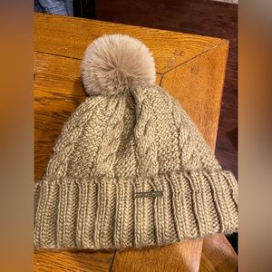 Michael Kors Women`s Cable Knit Fleece Faux Fur Pom Pom Beanie Hat